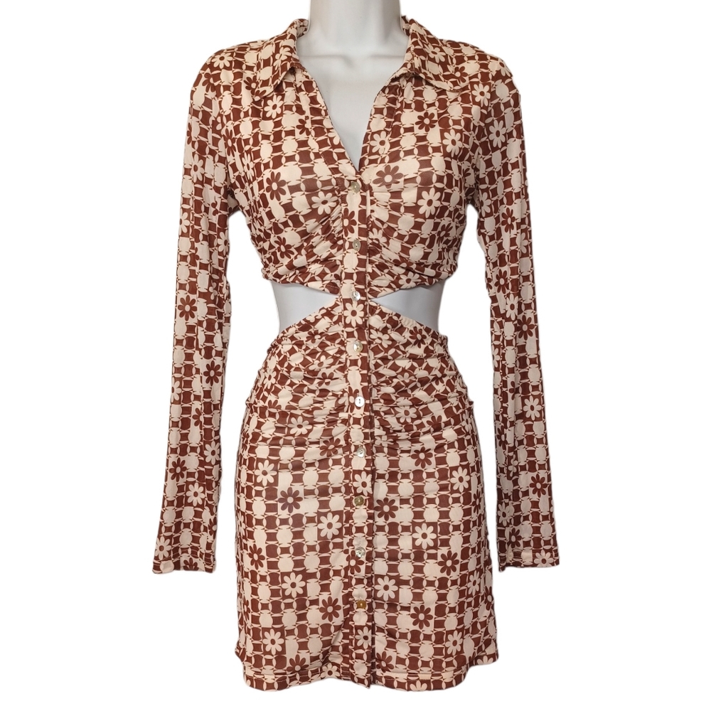 COTTON CANDY LA Brown Cream Floral Geometric Print Cut Out Mini Dress Medium